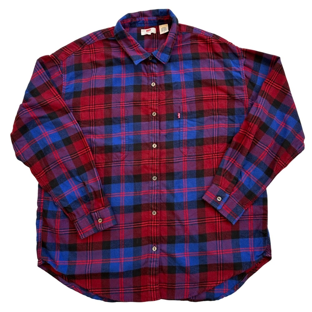Levi's Plaid Flannel Button Down Shirt Large Red Blue Excellent Long Sleeve